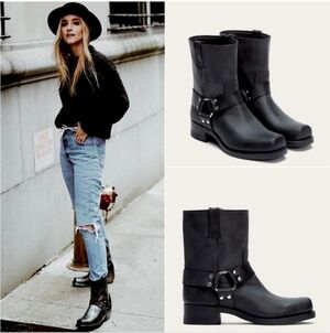 Frye Harness 8R Vintage Square Toe Pull On Black Festival Everyday Cowgirl Boot